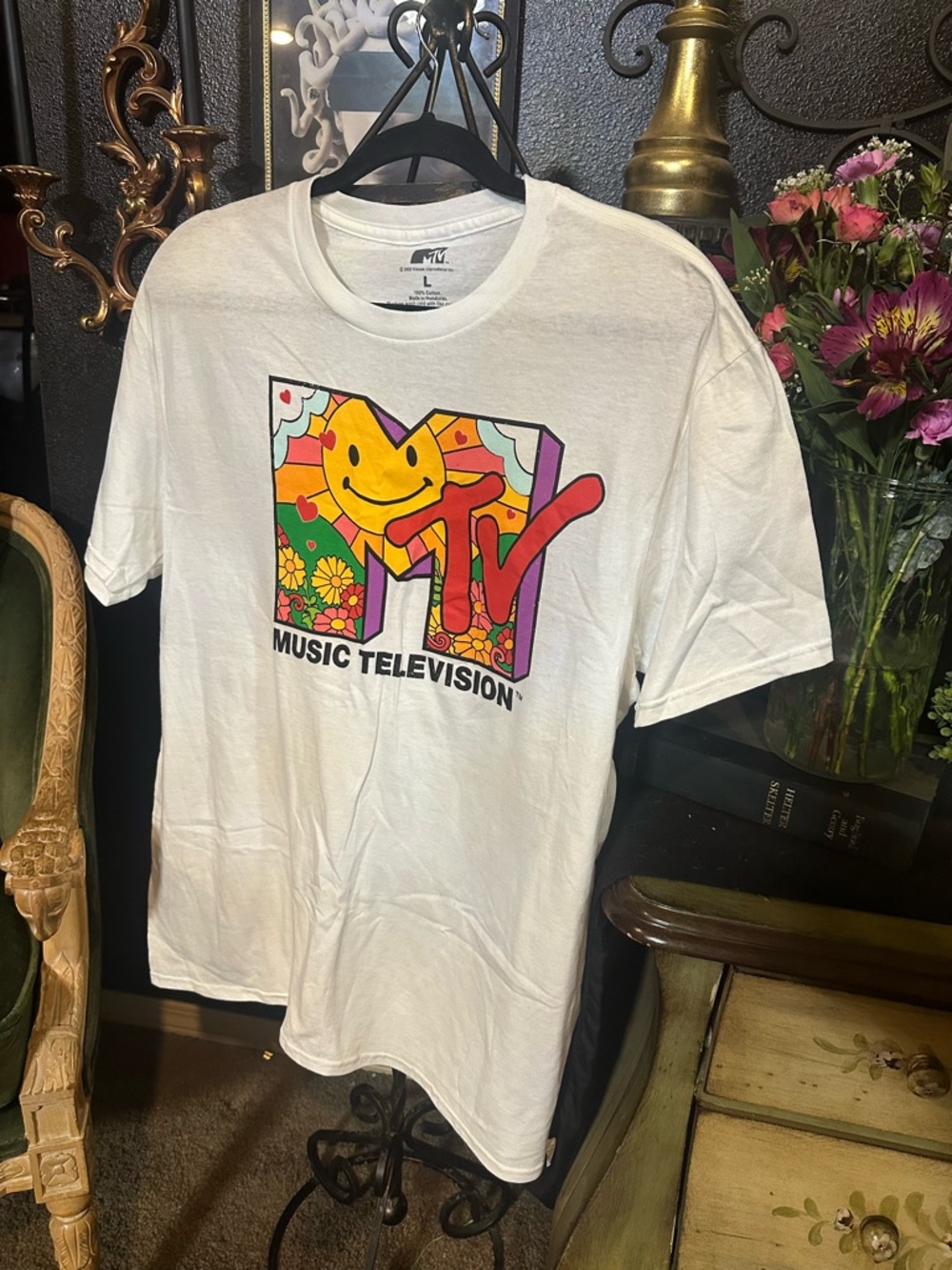 MTV White Tee with Multicolored Smiley Logo